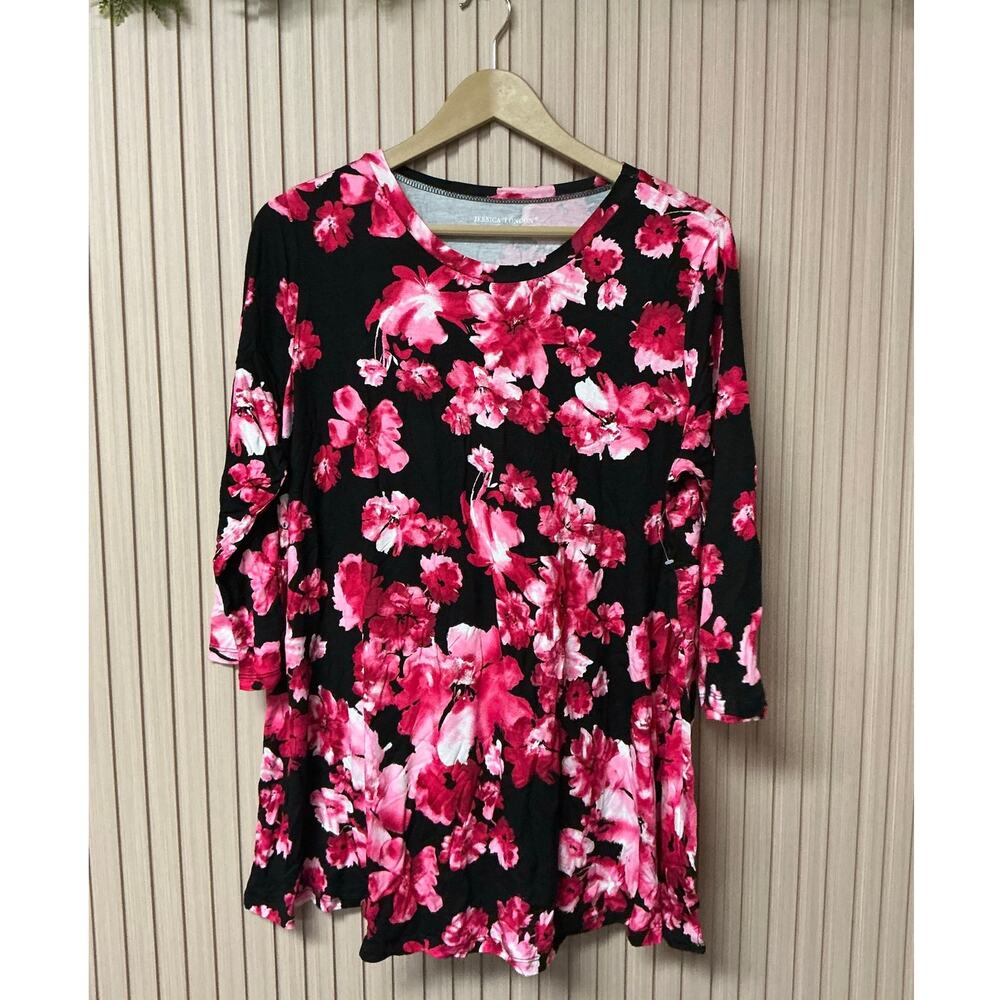 Jessica London Floral Swing Tunic Top Size 14/16 Pink/Black 3/4 Sleeve